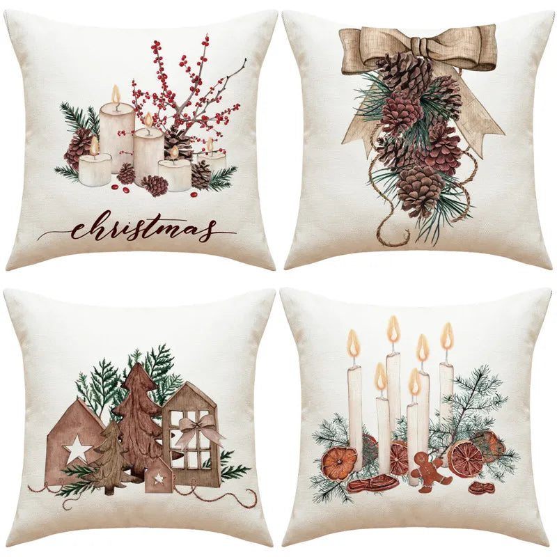 Afralia™ Pinecone Candlestick Linen Print Pillowcase - Christmas Home Decor