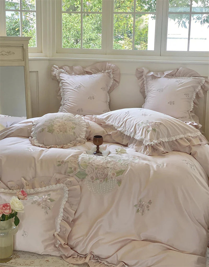 Afralia™ Vintage Rose Flowers Embroidery 1000TC Egyptian Cotton 4/7Pcs Bedding Set