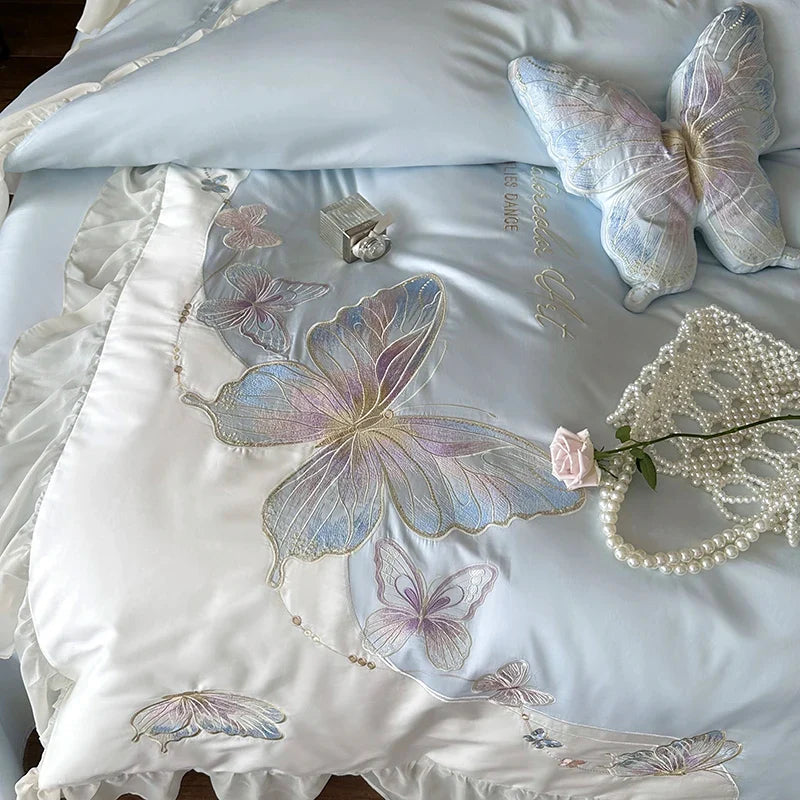Afralia™ Butterfly Embroidery Lace Ruffles Bedding Set 100S Egyptian Cotton Duvet Cover