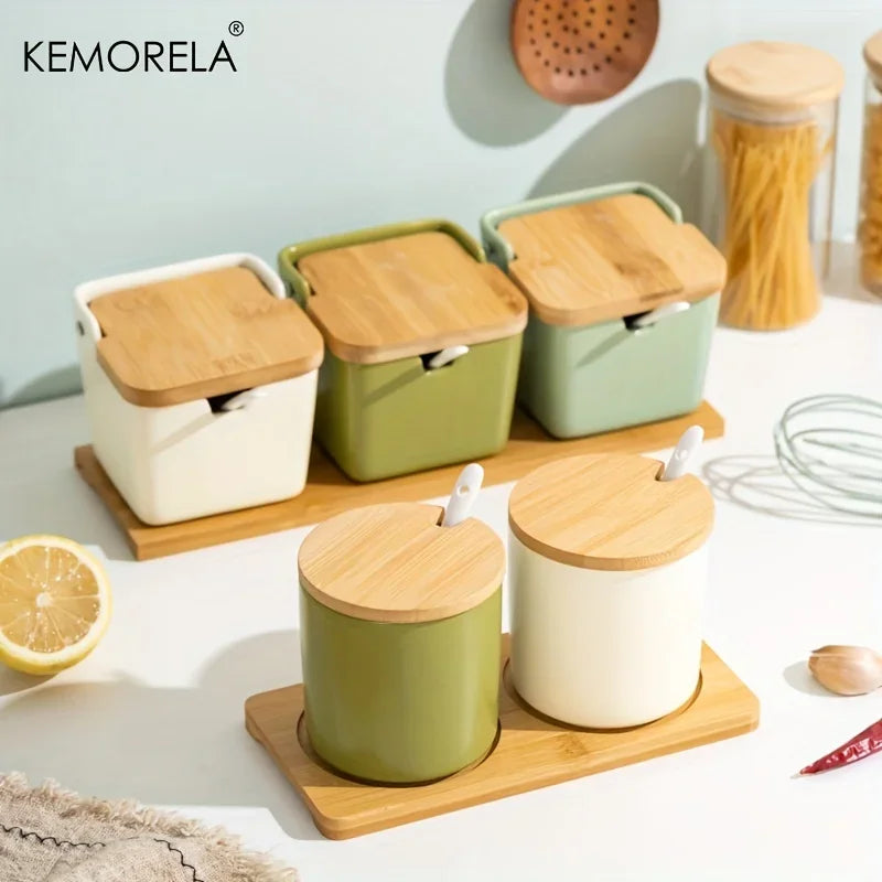 Afralia™ Japanese Retro Ceramic Seasoning Jar Set with Tray - 3-Piece Kitchen Organizer