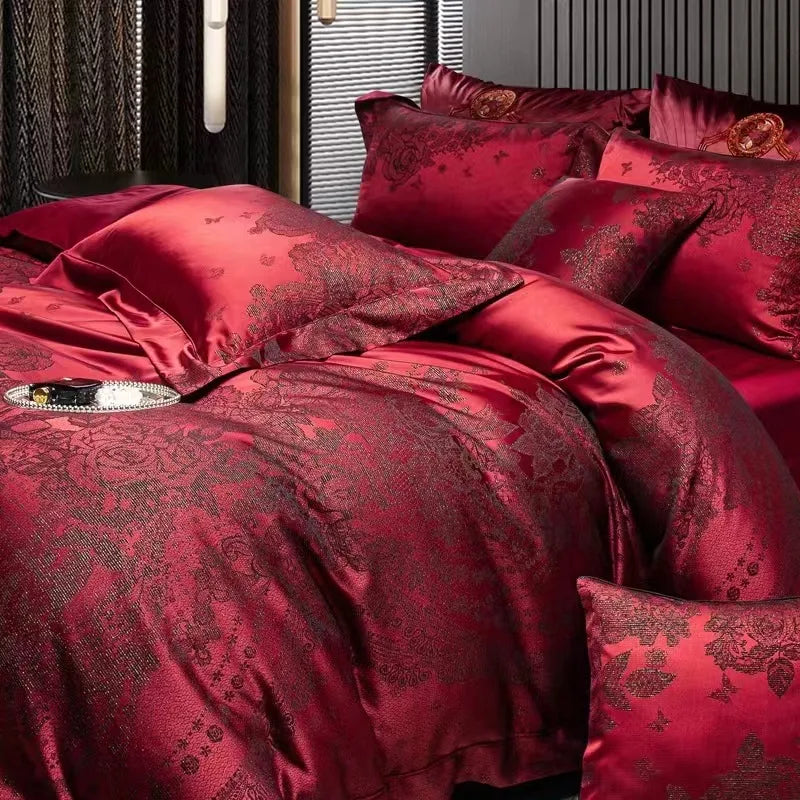 Afralia™ Burgundy Red Luxury Jacquard Egyptian Cotton 5Pcs Bedding Set