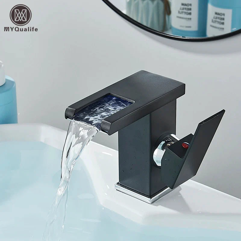 Afralia™ Black LED Waterfall Bathroom Faucet, Deck Mounted, Three Color Change
