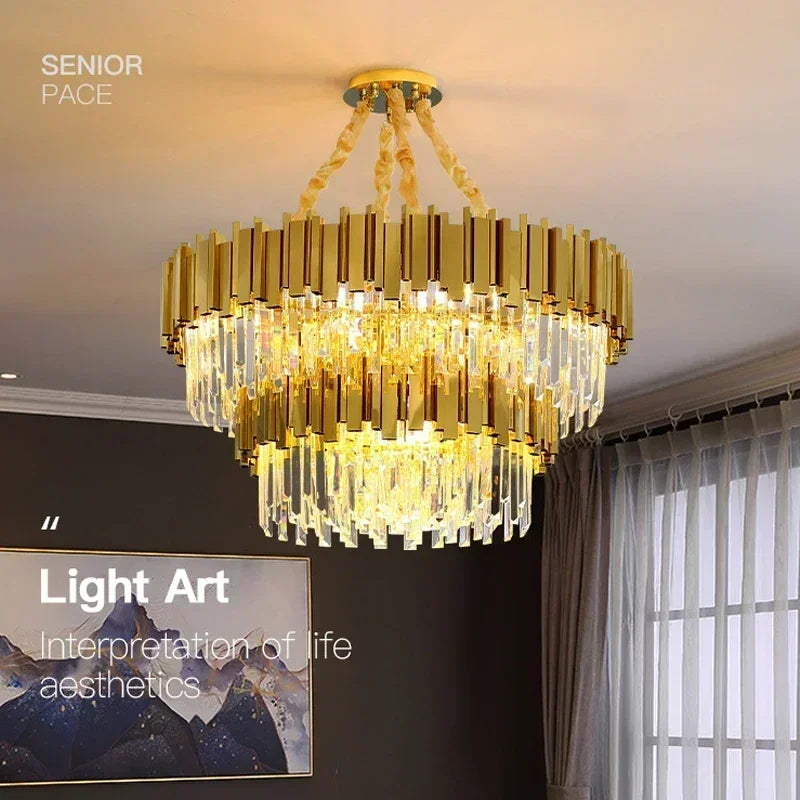 Afralia™ Golden Luxury LED Crystal Chandelier for Hotel Living Room Ceiling Lighting