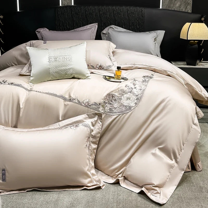 Afralia™ Chic Flowers Embroidery Luxury Bedding Set - 1000TC Egyptian Cotton 4Pcs