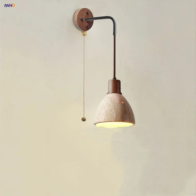 Afralia™ Yellow Travertine LED Wall Sconce Pull Chain Switch, Nordic Modern Wood Mirror Light