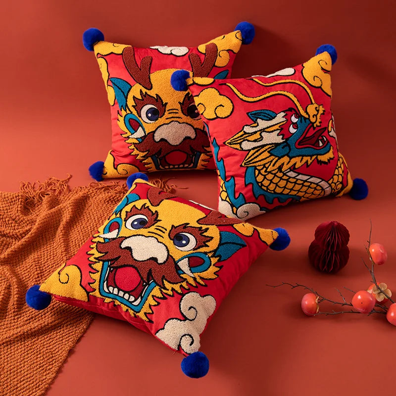 Afralia™ Dragon Year Cushion Cover 45x45cm Decorative Throw Pillow with Hair Ball Embroidery