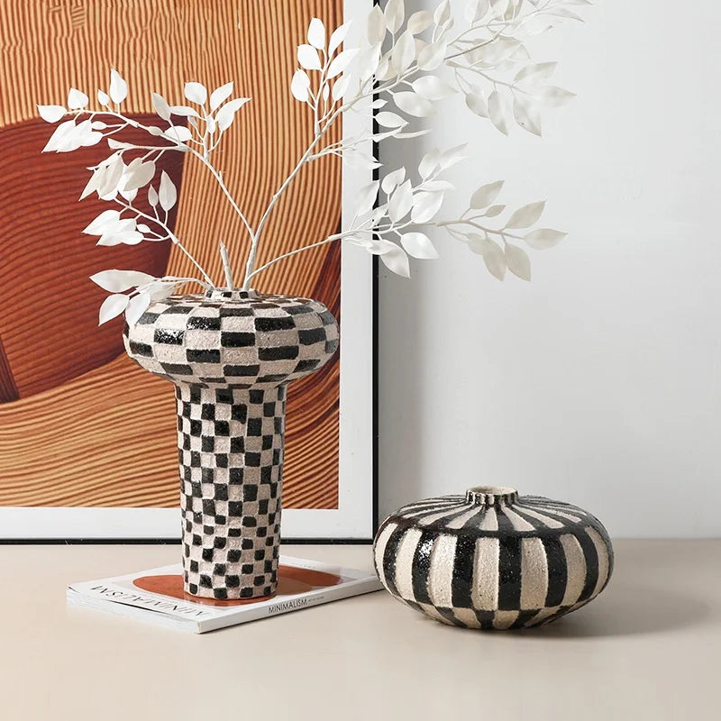 Afralia™ Geometric Check Ceramic Vase for Home Decor and Floral Arrangements
