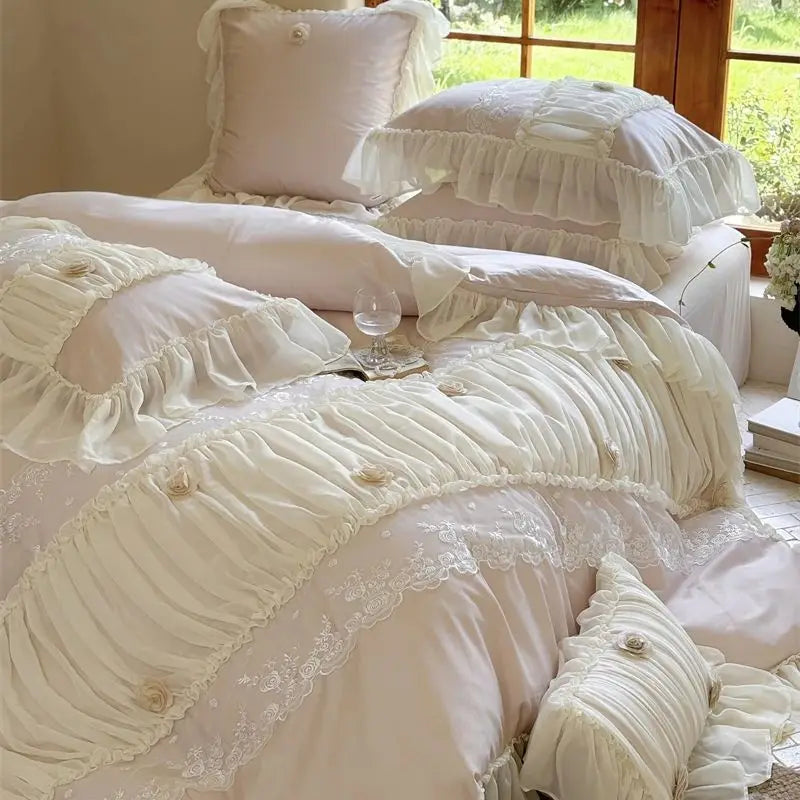 Afralia™ Rose Lace Ruffles Princess Wedding Bedding Set with 1000TC Egyptian Cotton