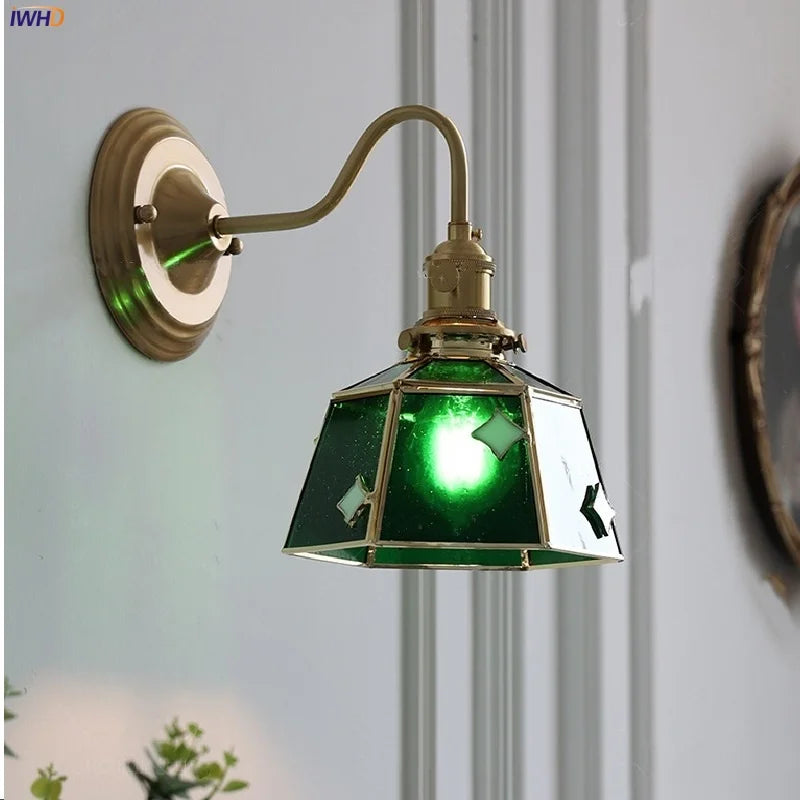 Afralia™ Green Glass LED Wall Sconce Copper Knob Switch Vintage Loft Stair Light