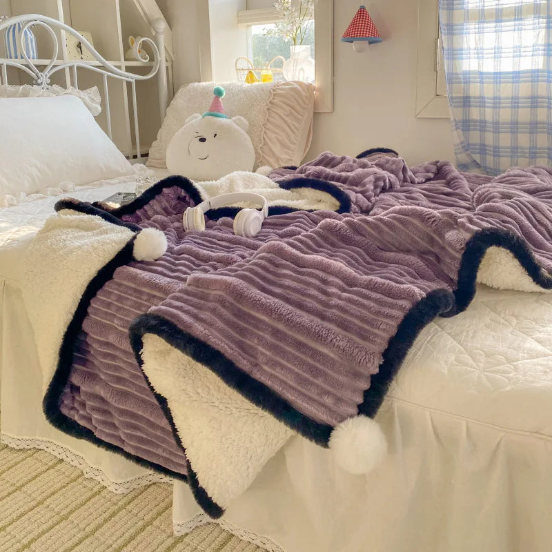 Afralia™ Ribbed Flannel Lamb Fleece Blanket for Warmth & Coziness