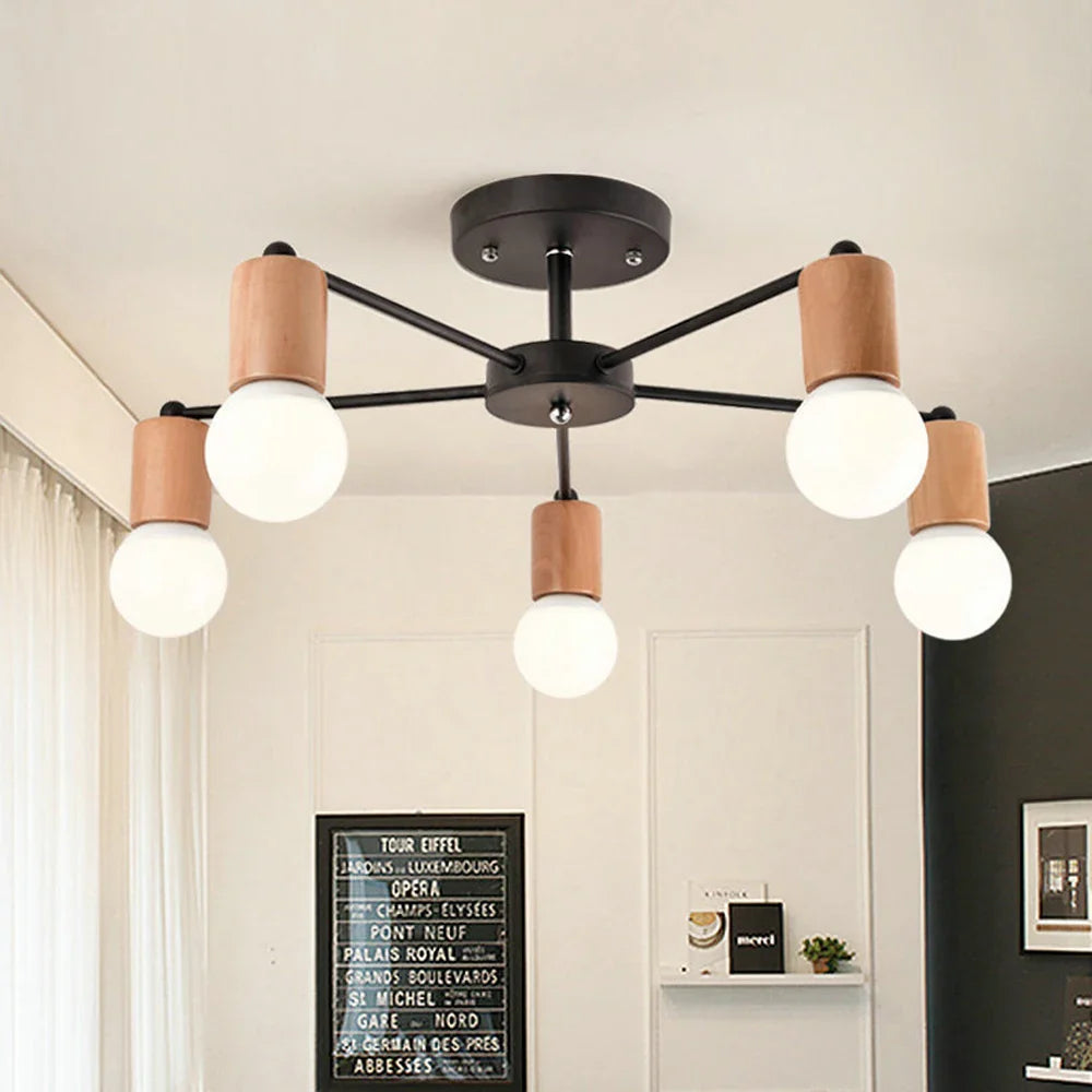Afralia™ Industrial Rod Iron Wood Sputnik Chandelier Ceiling Lamp LED E27 Home Lighting