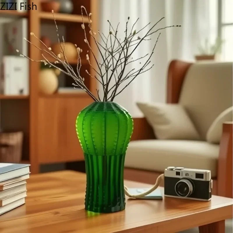 Afralia™ Cactus Frosted Glass Vase Table Decoration Artificial Flower Arrangement