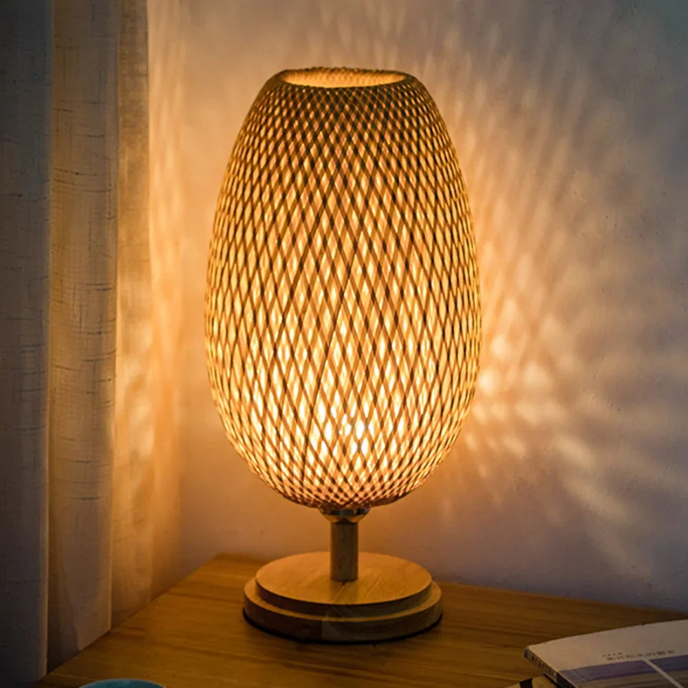 Afralia™ Handcrafted Bamboo Table Lamp with Wood Rattan Lampshade