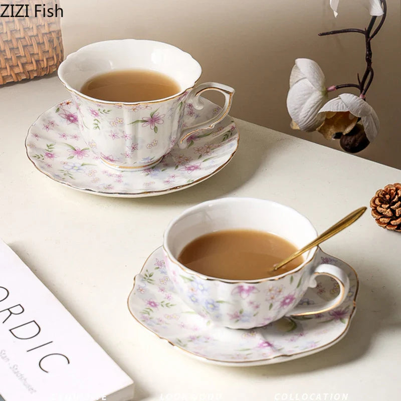 Afralia™ Floral Print Gold Edge Porcelain Coffee Mug Teacup