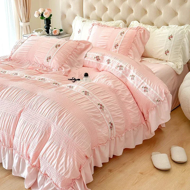 Afralia™ Princess Pink Lace Gauze Bedding Set Queen Duvet Cover Elegant Ruffled Comforter
