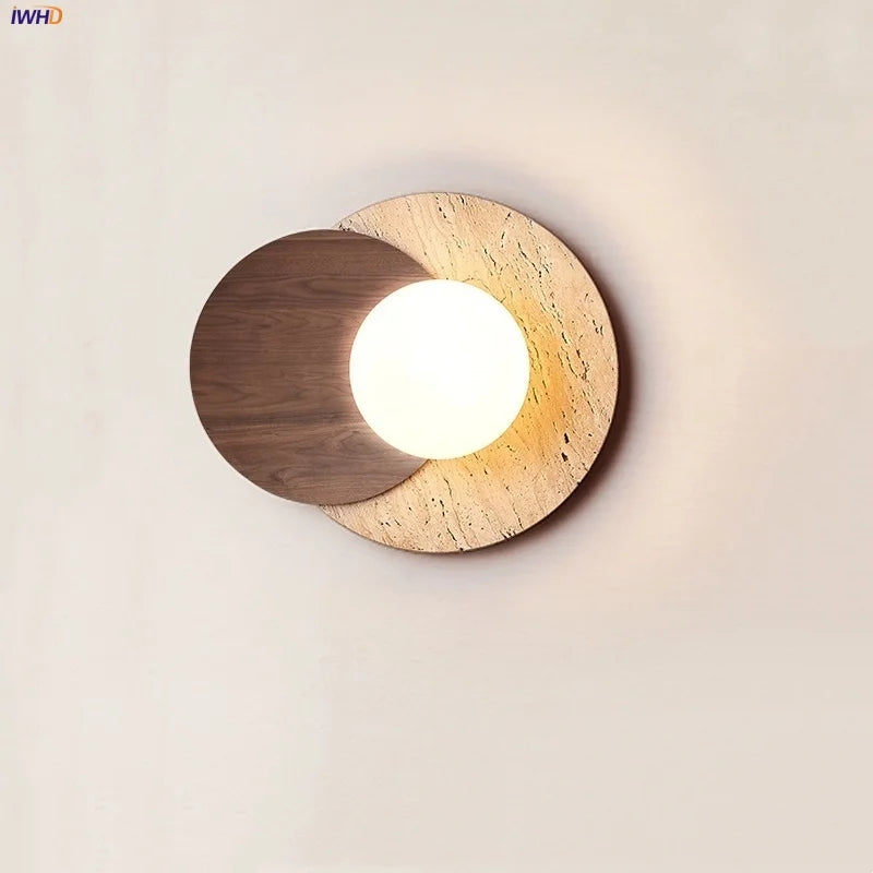Afralia™ Wood White Glass LED Wall Sconce Yellow Travertine Mirror Light