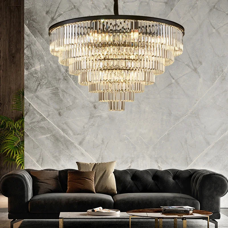 Afralia™ Crystal Ceiling Chandelier: Modern Black Gold LED Pendant Lamp for Luxury Living Room
