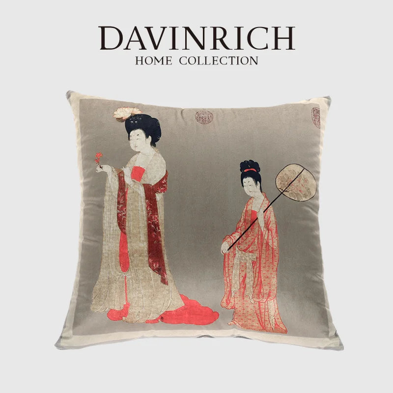 Afralia™ Ancient Chinese Beauty Girl Velvet Satin Throw Pillow Cover 45x45cm
