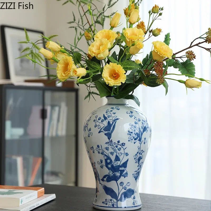 Afralia™ Blue & White Porcelain Vase for Classical Flower Arrangement & Room Aesthetic