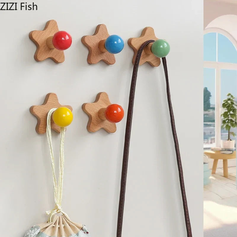 Afralia™ Star Wood Hook Wall Storage Holder Shelves