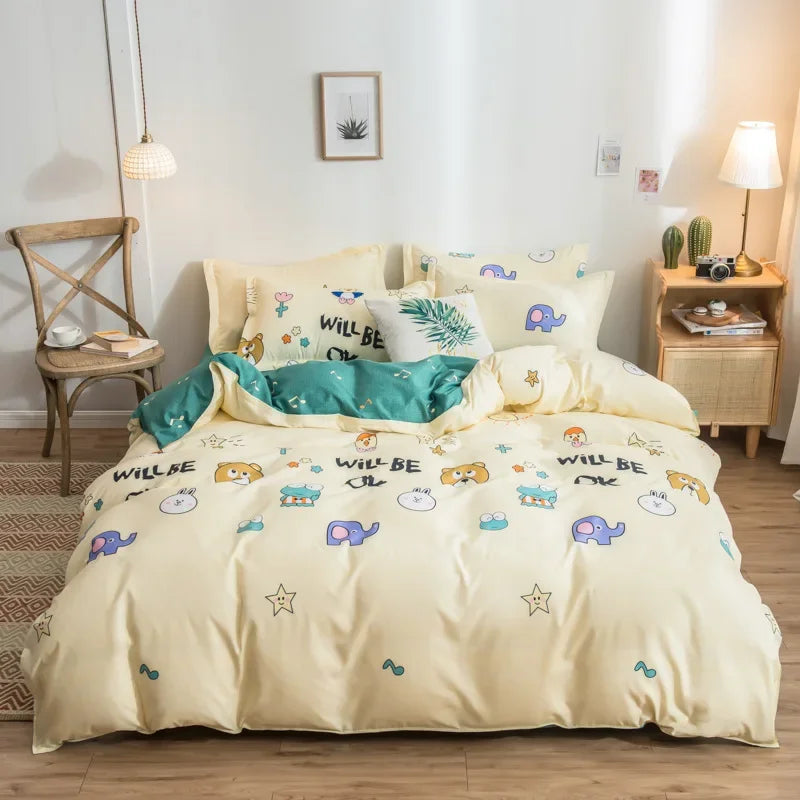 Afralia™ Cartoon Print Bedding Set - Queen/King Size Duvet Cover, Sheets, Pillowcases