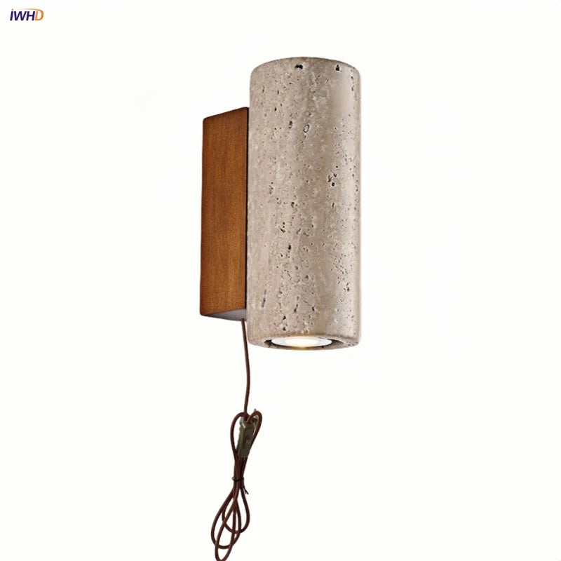 Afralia™ LED Wall Sconce Yellow Travertine Stone Bedroom Study Cafe Wood Base Stair Light