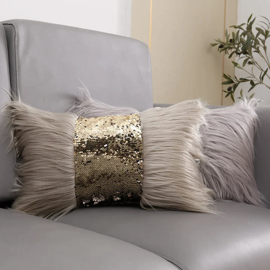 Afralia™ Sequin Fur Cushion Cover 30x50cm Gold - Stylish Decorative Sofa Pillowcase