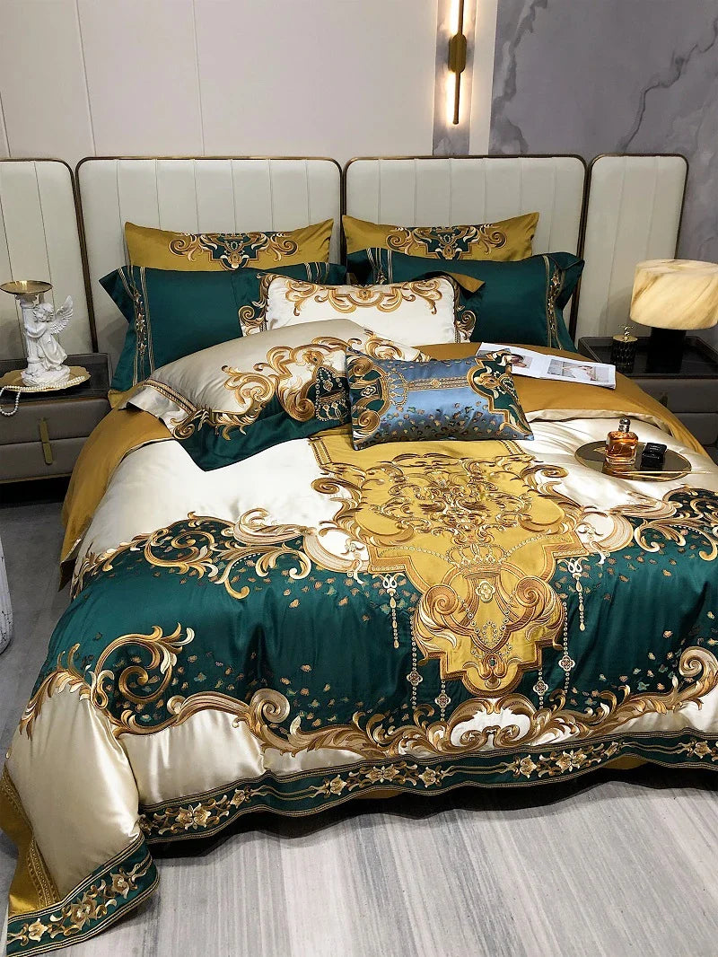 Afralia™ Luxe Vintage Brocade Cotton Gold Embroidered Bedding Set