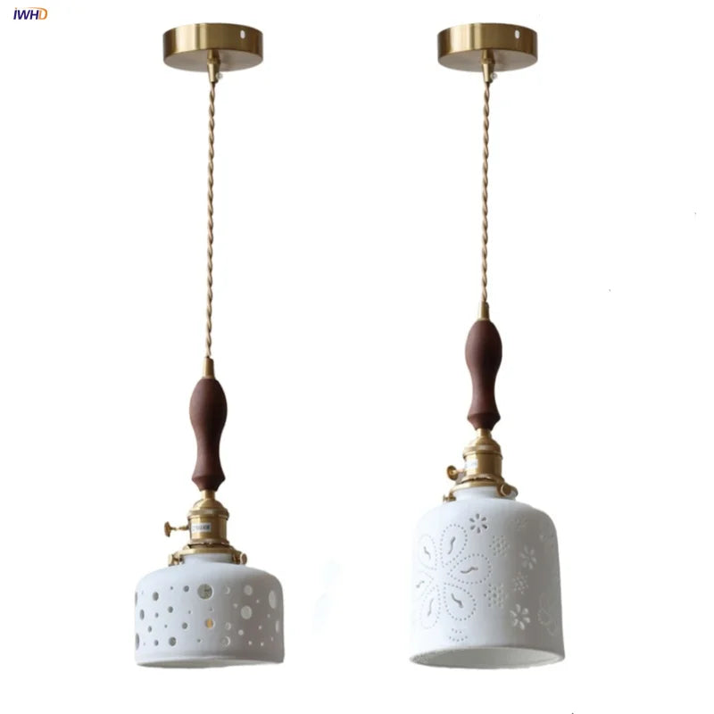 Afralia™ Walnut Wood LED Pendant Lights Modern Ceramic Switch Hanging Lamp