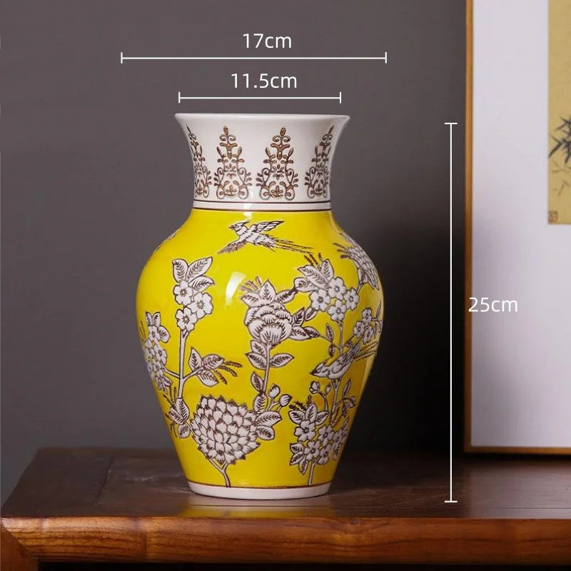 Afralia™ Yellow Ceramic Qinghua Porcelain Vintage Flower Vase