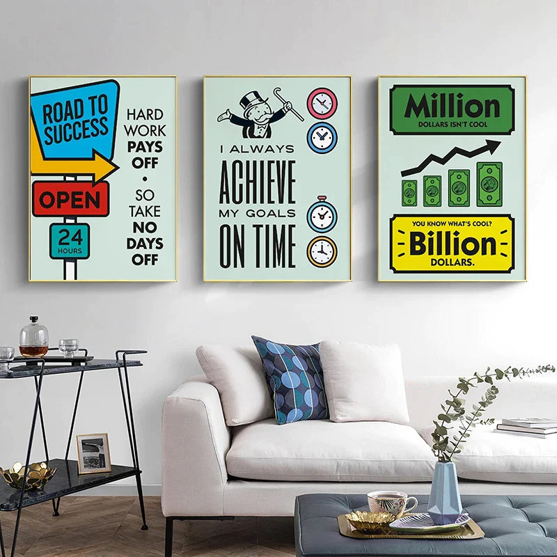 Afralia™ Millionaire Monopoly Money Canvas Painting Motivational Wall Art Prints
