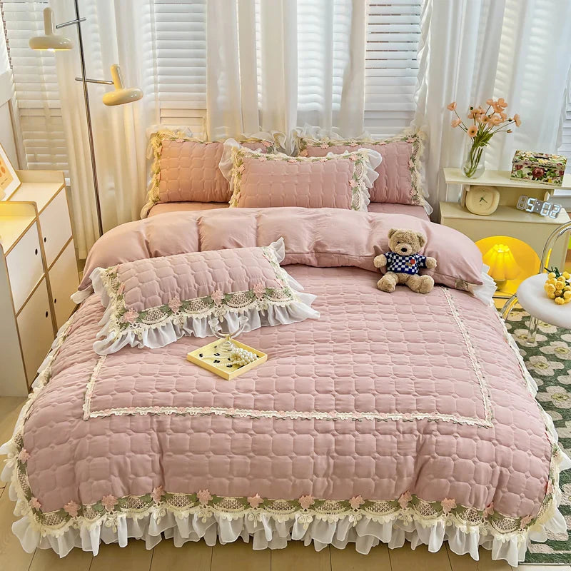 Afralia™ Korean Princess Bedding Set: Flowers, Lace, Ruffles, Embroidery, Quilted, Duvet Cover, Bedspread
