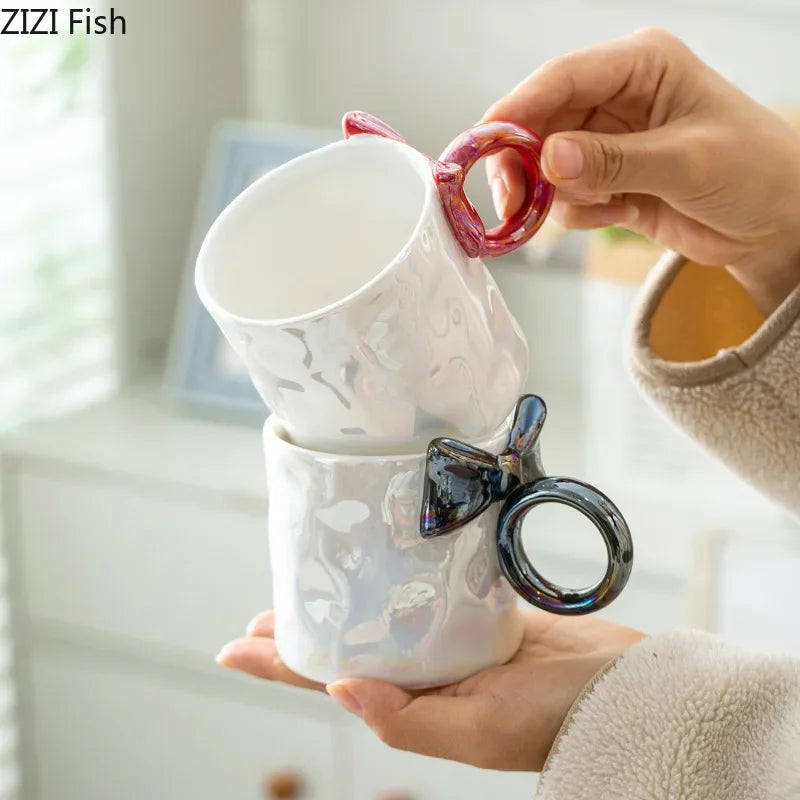 Afralia™ Bowknot Glazed Porcelain Coffee Mug, Lovely Design Tea Cup, Ideal for Milk and Juice