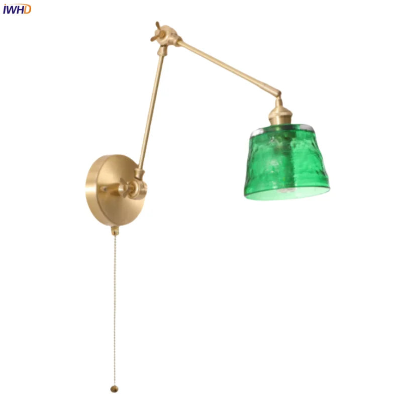 Afralia™ Green Glass LED Wall Lamps Pull Chain Vintage Brass Home Decor