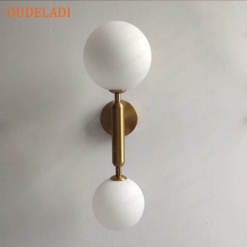 Afralia™ Golden LED Wall Sconce with Milky Glass Ball, 2 G4 Bulbs