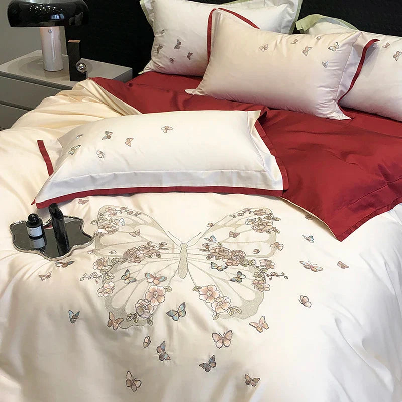 Afralia™ Butterfly Flowers Embroidery Wedding Bedding Set 1000TC Egyptian Cotton Duvet Cover