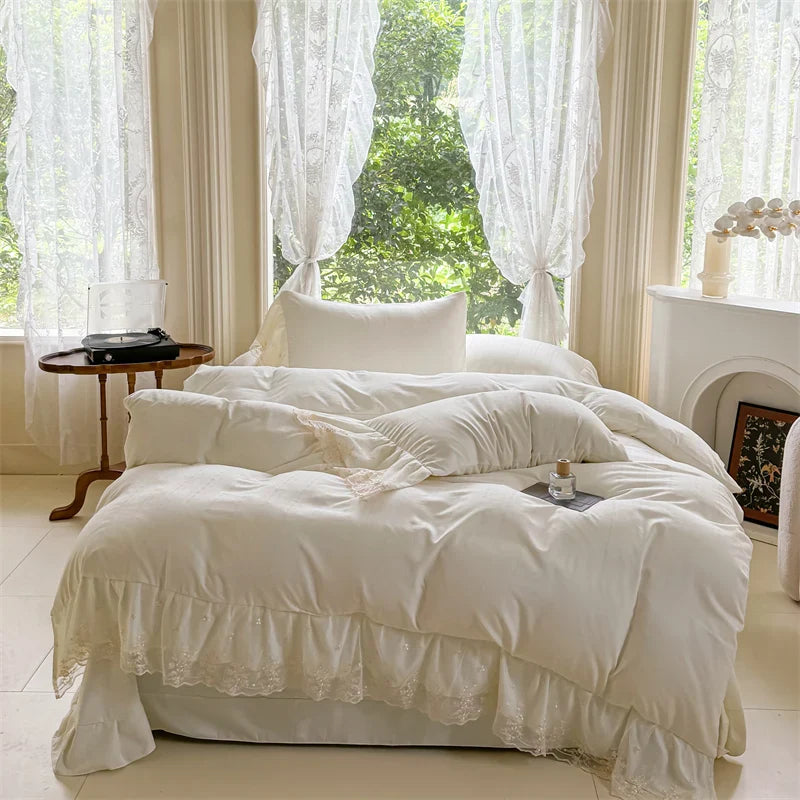 Luxury French Lace Princess Wedding Bedding Set by Afralia™ - 4Pc Girl Bed Set