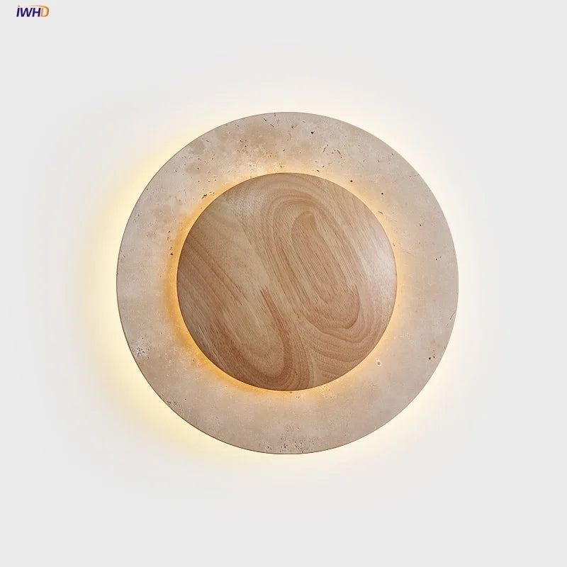 Afralia™ Wabi Sabi LED Wall Light Yellow Travertine Wood Decor Sconce Bedside Lamp
