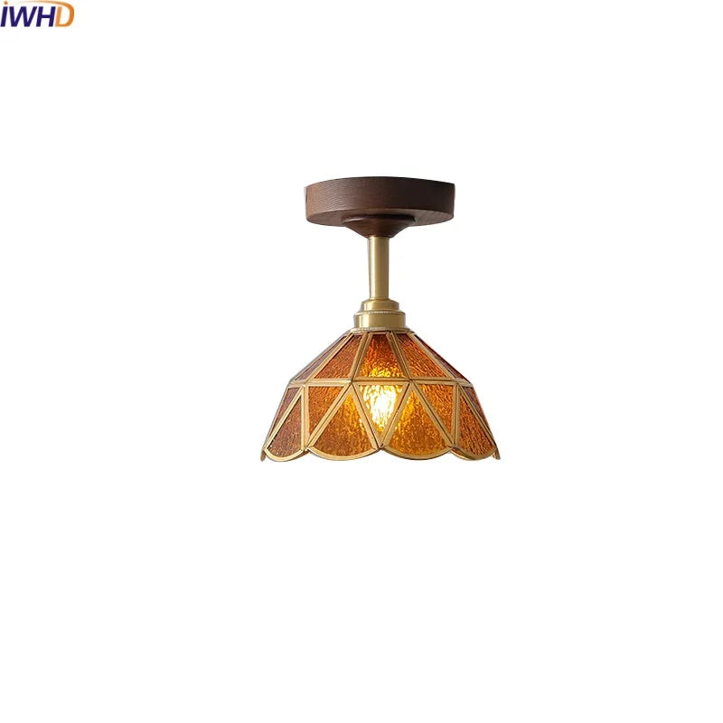 Afralia™ Amber Glass LED Ceiling Light Modern Wood Canopy Kids Room Fixture