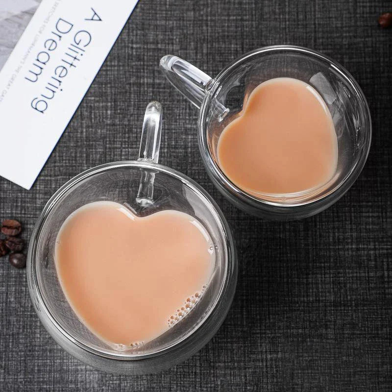 Afralia™ Heart Glass Mug Set: Double Wall Couple Cups for Tea, Coffee, Beer - Gift Drinkware