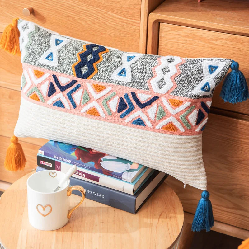 Afralia™ Geometric Embroidered Cushion Cover with Tassels for Home Decor