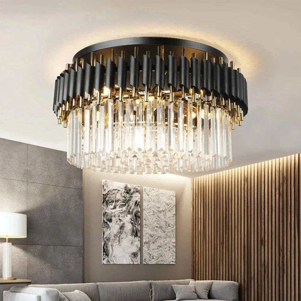 Afralia™ Gold Black Crystal Ceiling Chandelier for Living Room, Round Kitchen Pendant Lighting