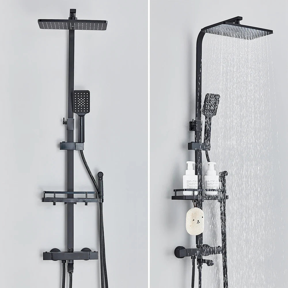 Afralia™ Chrome Brass Thermostatic Shower Faucet Set with Rainfall Bath Mixer