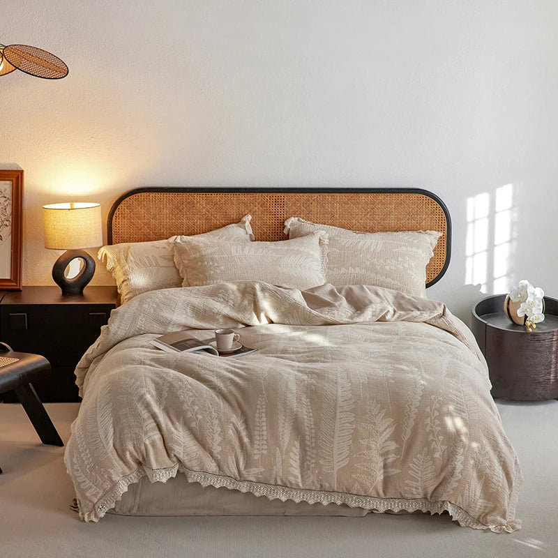 Afralia™ Linen-Cotton Health Wrinkled Yarn Bedding Set with Vintage Lace - Duvet Cover, Sheet, Pillowcase