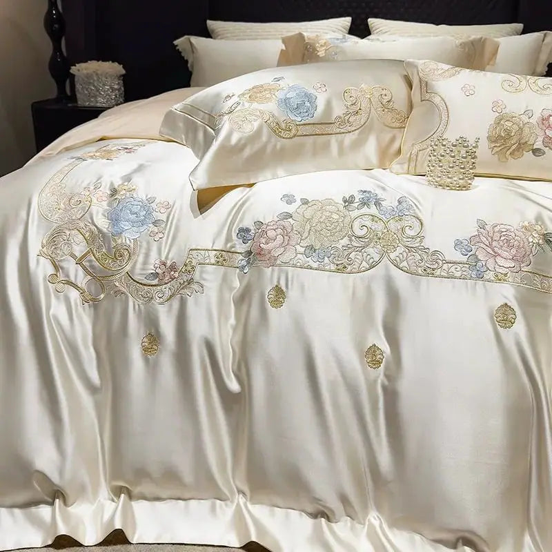 Afralia™ Luxe Brocade Cotton Flowers Embroidery Bedding Set Cream/Champagne Patchwork