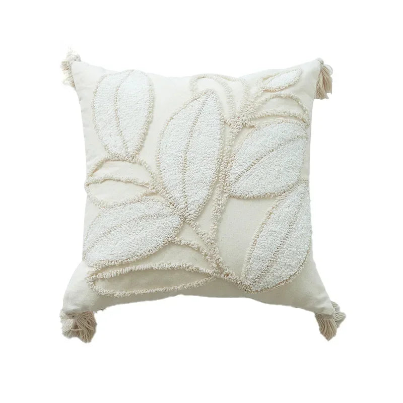 Afralia™ Tufted Leaf Embroidered Pillow Covers with Tassels Boujee Decor for Sofa