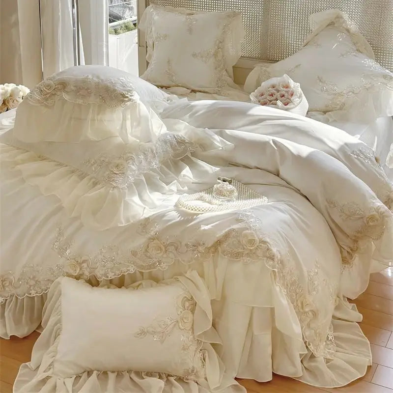 Luxury Lace Ruffle Wedding Bedding Set by Afralia™
