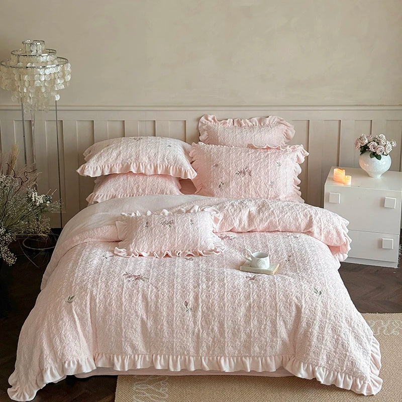 Afralia™ Pink Winter Milk Velvet Floral Ruffles Bedding Set