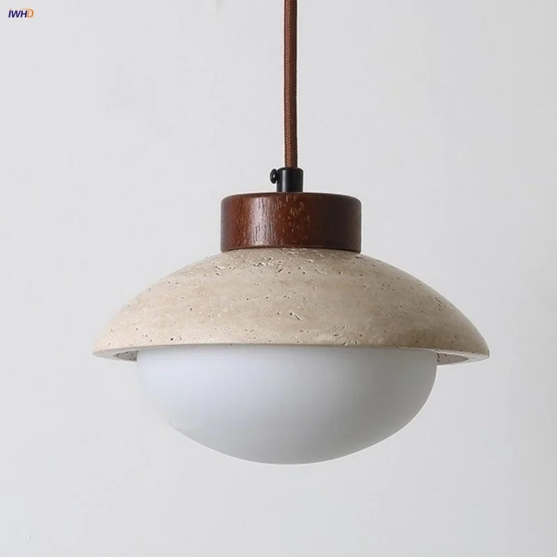 Afralia™ LED Pendant Light: Japanese Style, Yellow Travertine Wood, Adjustable Hanging Lamp