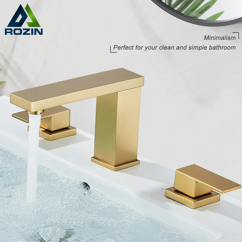 Afralia™ Brushed Gold Black Dual Handle Waterfall Bathroom Sink Faucet, Deck Mounted